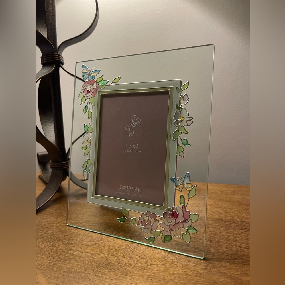 Joan Baker Hand Painted 3.5 X 5 Glass Photo Frame Flowers & Butterflies